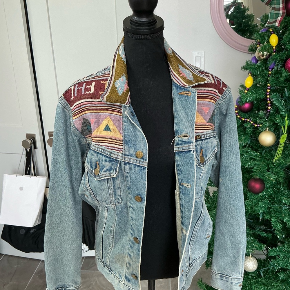 Vintage Denim Jacket with Colorful Pattern